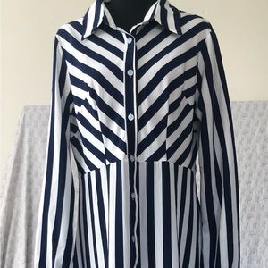 Striped blue and white midi dress, button down. Sz L not lined Great condition